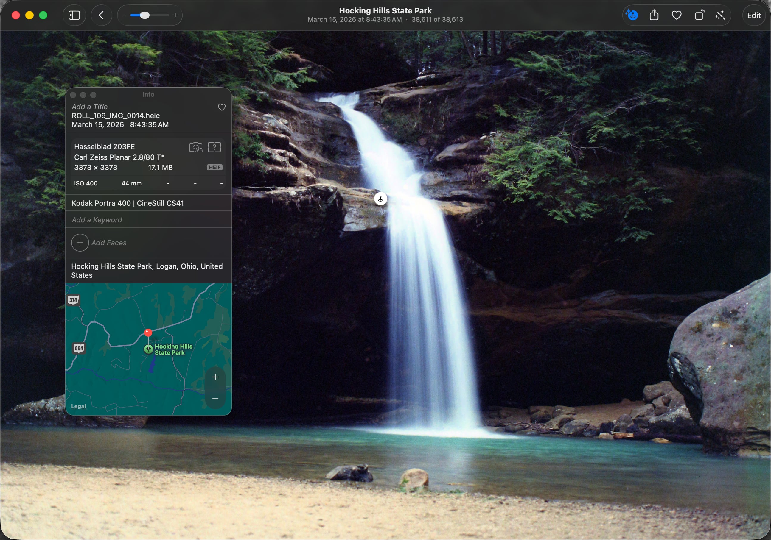 Apple Photos Info panel showing camera, lens, and film stock metadata from f8 Develop