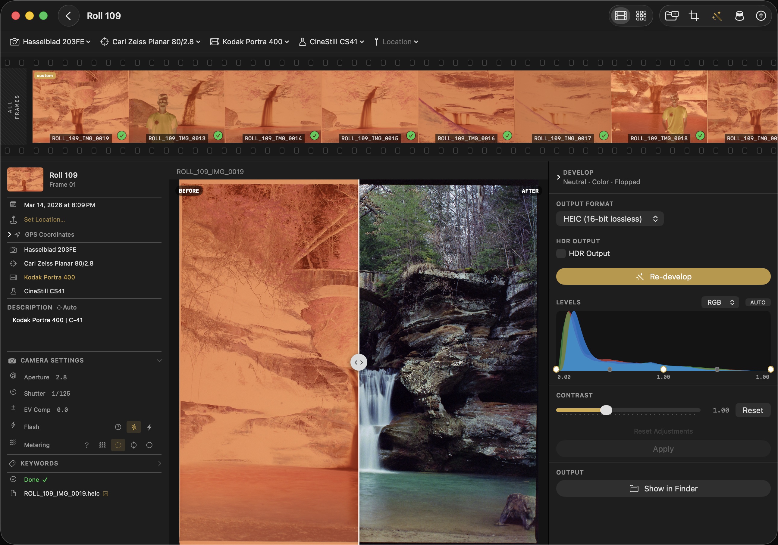 f8 Develop develop panel with before and after comparison
