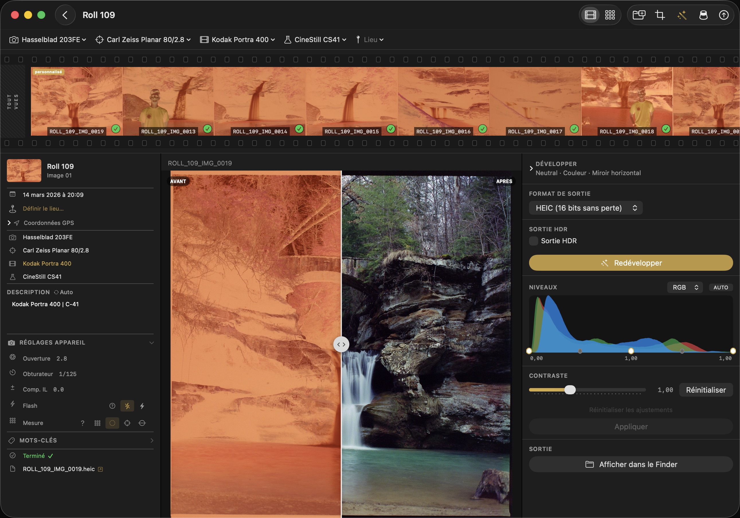 Panneau de développement f8 Develop avec comparaison avant et après