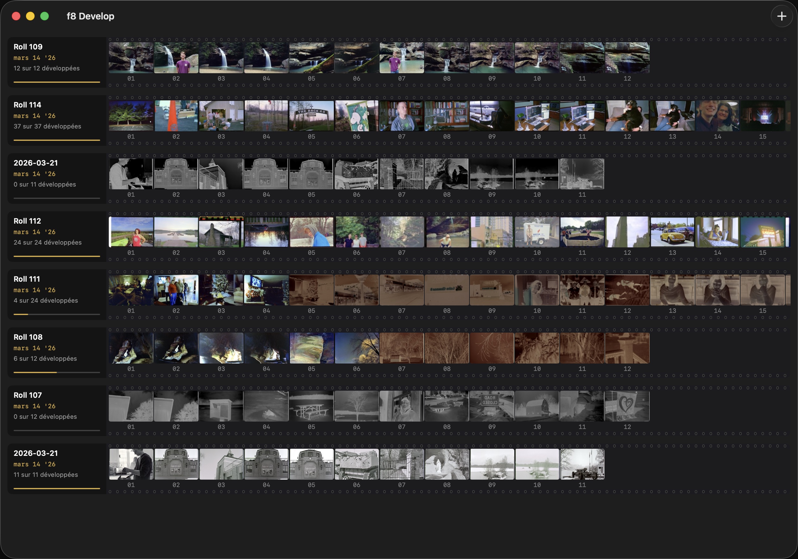 Liste des sessions f8 Develop montrant plusieurs rouleaux de film